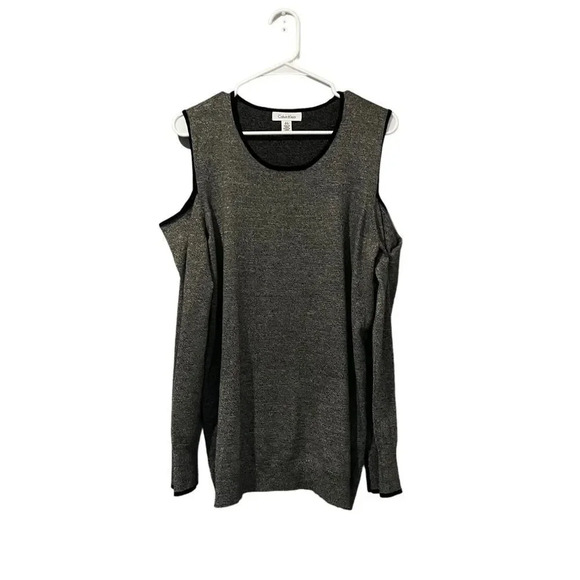 CALVIN KLEIN NEW Women's Gray Contrast-trim Cold-shoulder Sweater Top Size Large - Picture 2 of 4